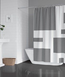Color Block Pattern Shower Curtain, Black and White Geometric Box Bath Curtain, Modern Minimalist Designer Bathroom Decor
