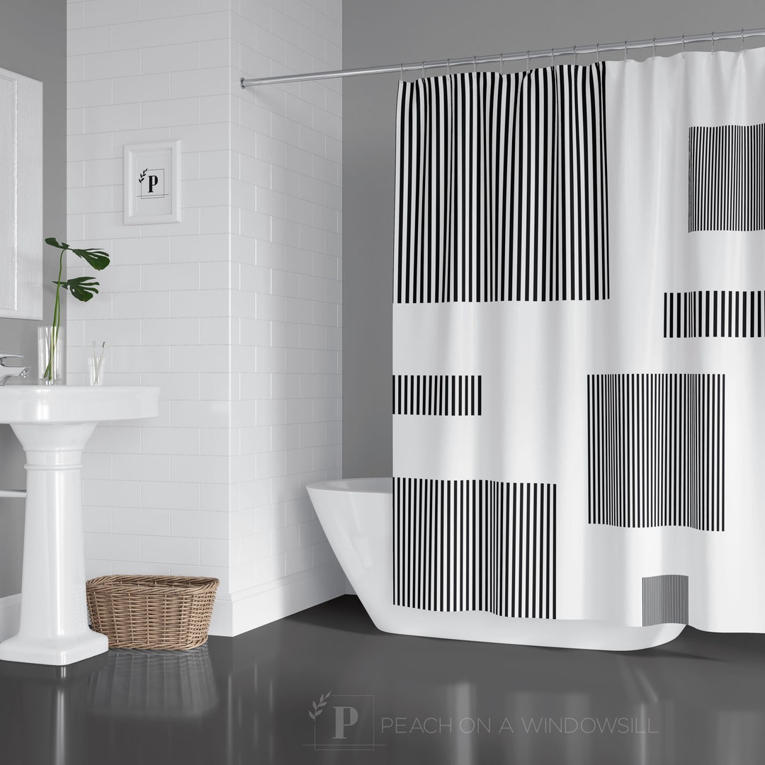 Color Block Pattern Shower Curtain, Black and White Geometric Box Bath Curtain, Modern Minimalist Designer Bathroom Decor