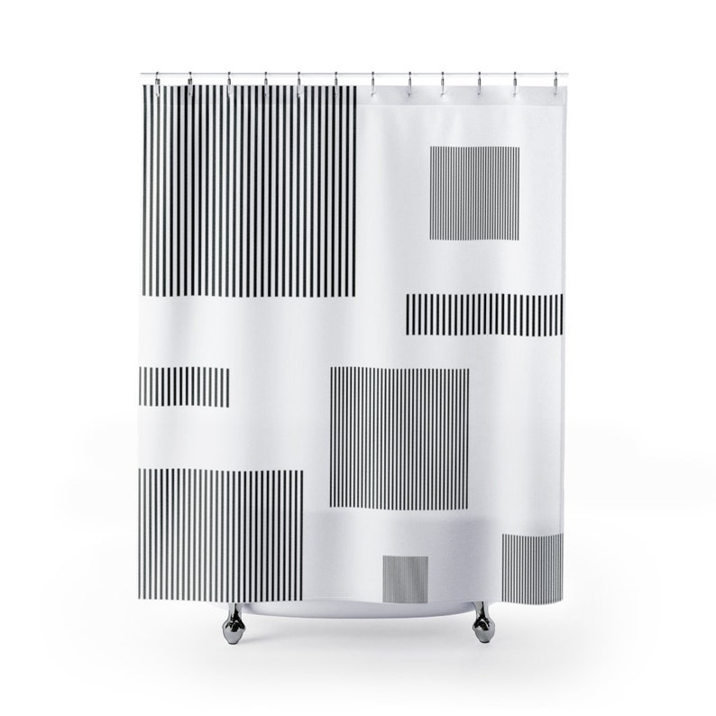 Color Block Pattern Shower Curtain, Black and White Geometric Box Bath Curtain, Modern Minimalist Designer Bathroom Decor - Image 2