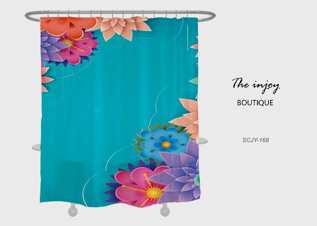 Color Flowers Shower Curtain, Floral Blue Bathroom Decor, Waterproof Washable Bath Curtain S
