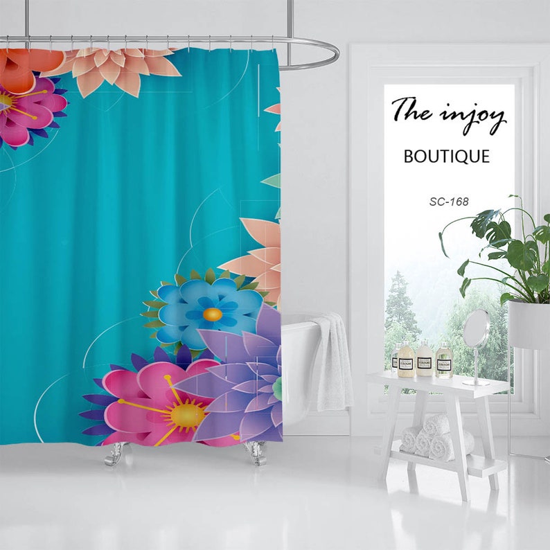 Color Flowers Shower Curtain, Floral Blue Bathroom Decor, Waterproof Washable Bath Curtain S - Image 2
