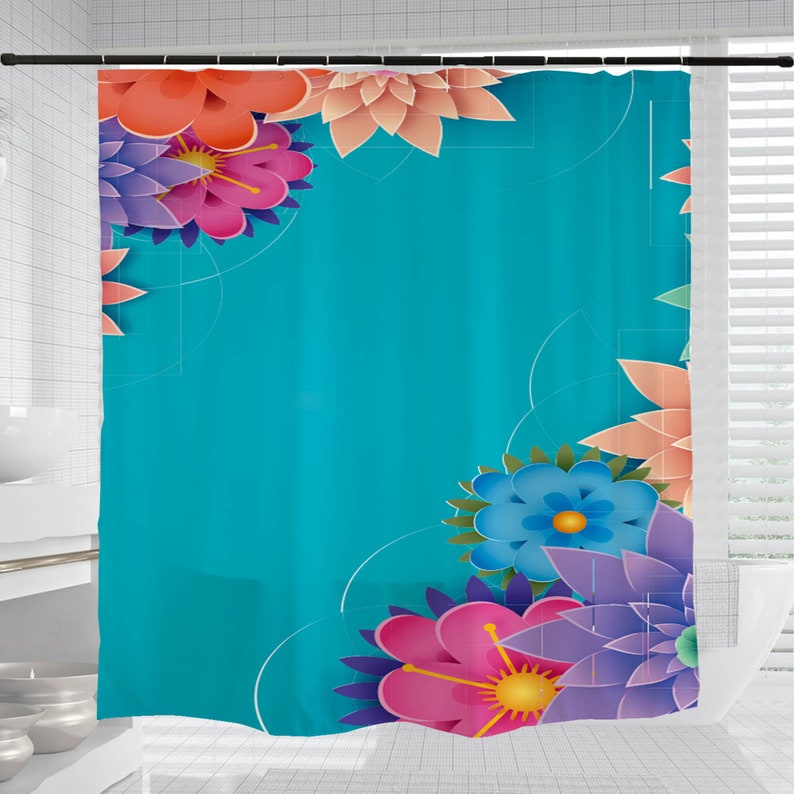 Color Flowers Shower Curtain, Floral Blue Bathroom Decor, Waterproof Washable Bath Curtain S - Image 3