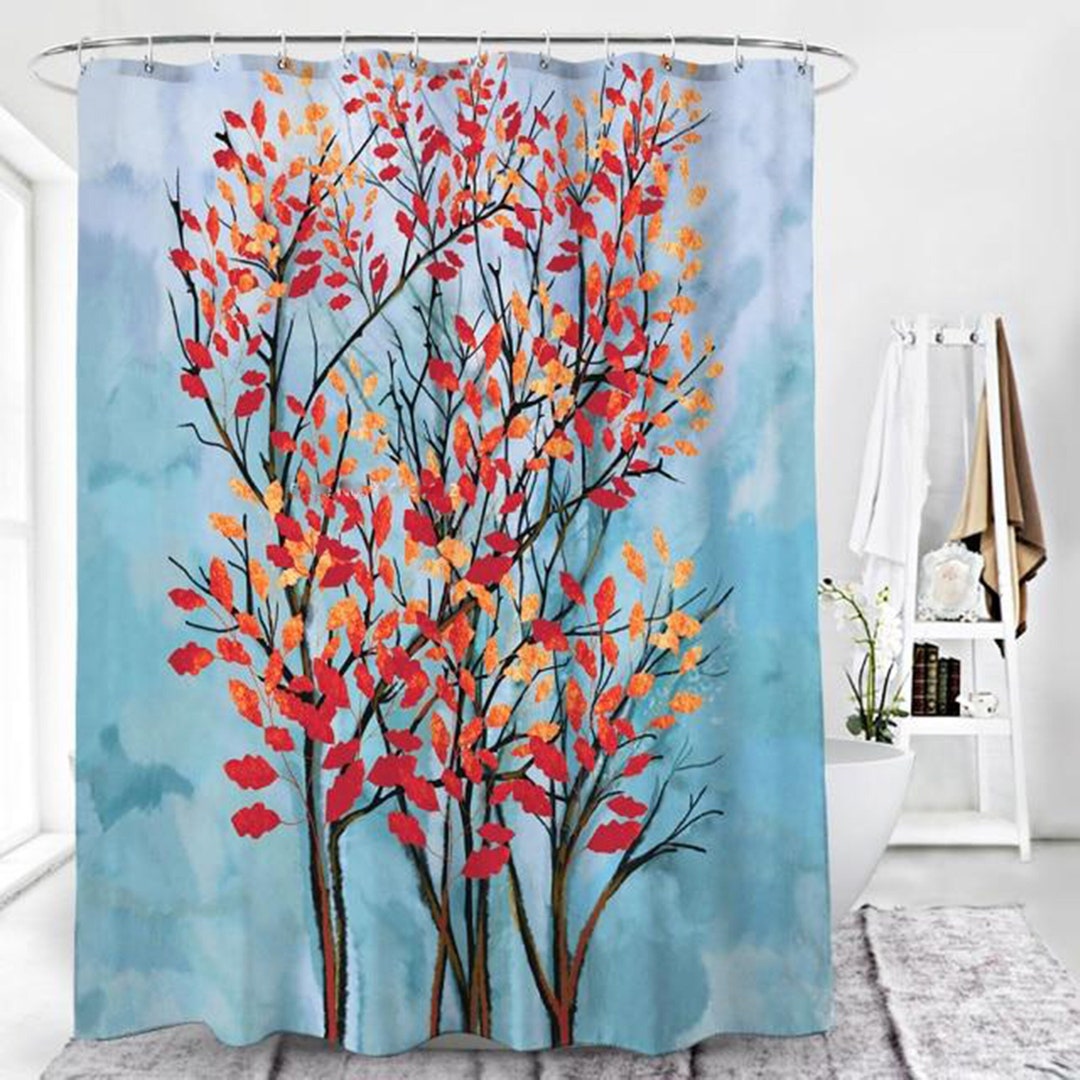 Colorful Autumn Leaves Shower Curtain, Fall Watercolors Trees Forest, Home Bathroom Decor, House Warming Gift