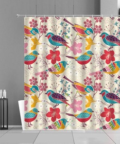 Colorful Bird In Spring Garden Shower Curtain, Pink Blue Yellow Fabric Bathroom Curtain, Home Bath Decor Accessories