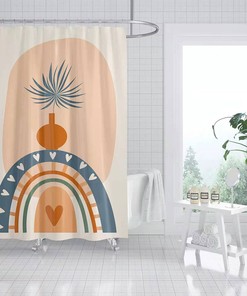 Colorful Boho Rainbow Shower Curtain, Colorful Bohemian Vase Palm Leaves Design, Fabric Curtain