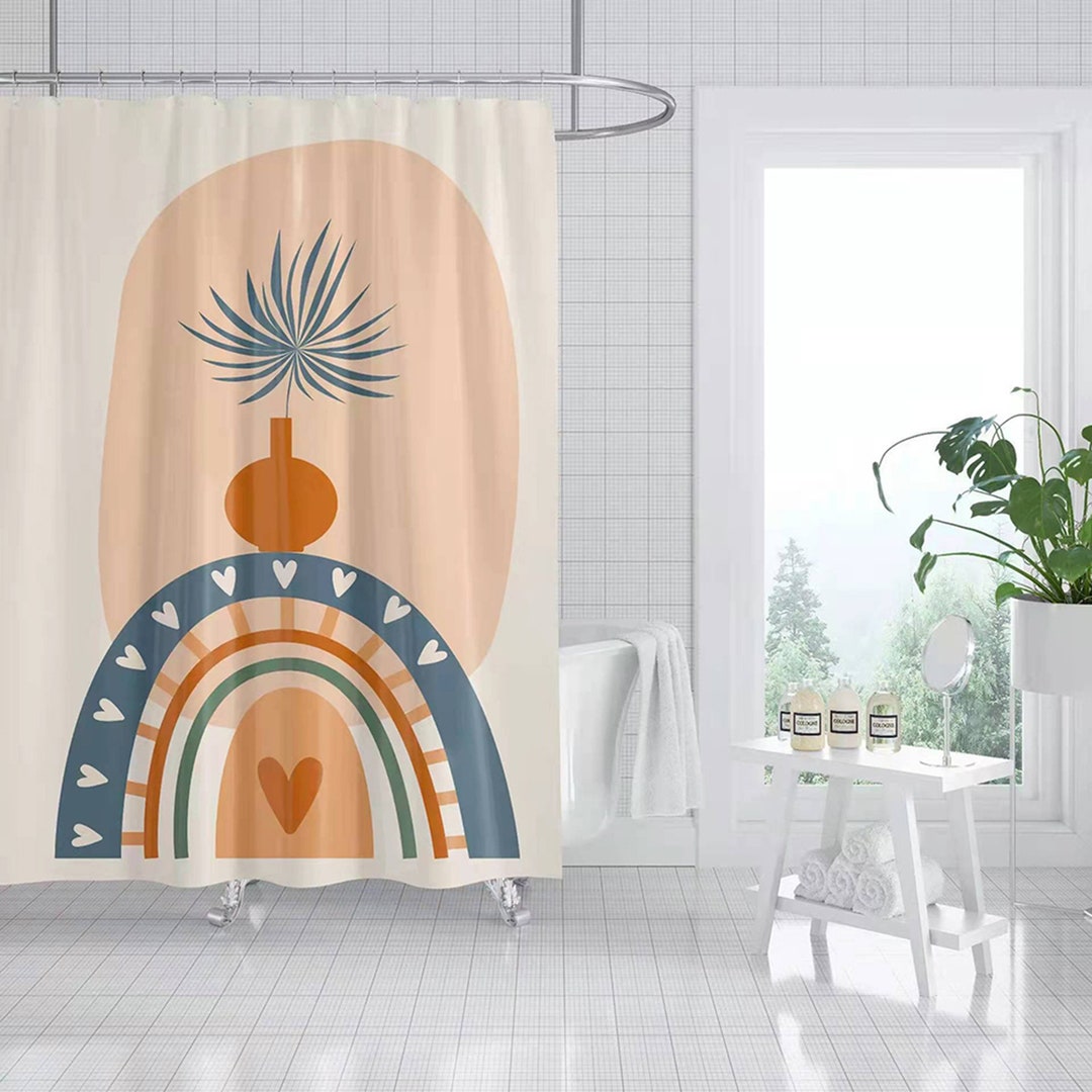 Colorful Boho Rainbow Shower Curtain, Colorful Bohemian Vase Palm Leaves Design, Fabric Curtain
