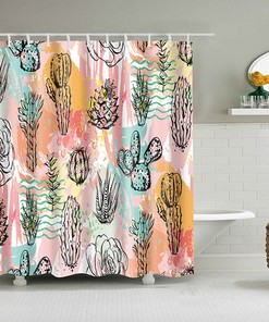 Colorful Cactus Desert Plants Shower Curtain, Cacti Flora Botanical Abstract Fabric Bathroom Curtain, Bath Curtain