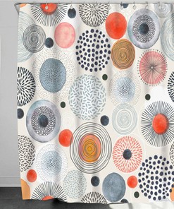 Colorful Circle Round Firework Shower Curtain, Abstract Gray Blue Red Fabric Bathroom Home Decor