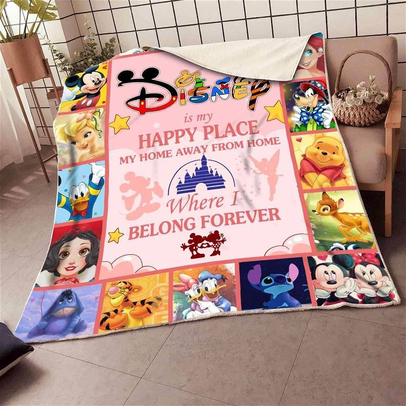 Colorful Disney Characters Quotes Happy Place Castle Bedroom Livingroom Office Home Decoration Sherpa Blanket Fleece Blanket Funny Gifts