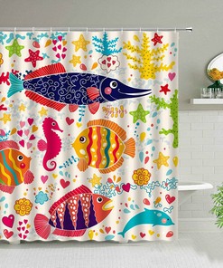 Colorful Fishes Shower Curtain, Underwater World Ocean Sea Corals Seahorse, Bathroom Curtain Kids Children Bath