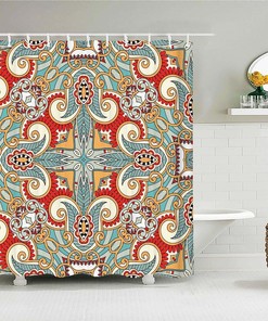 Colorful Floral Geometry Shower Curtain, Flowers Mandala Graphic Bath Curtain Accessories