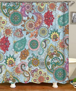 Colorful Floral Shower Curtain, Bohemian Boho Flowers Blue Swirl Design Home Bath Decor