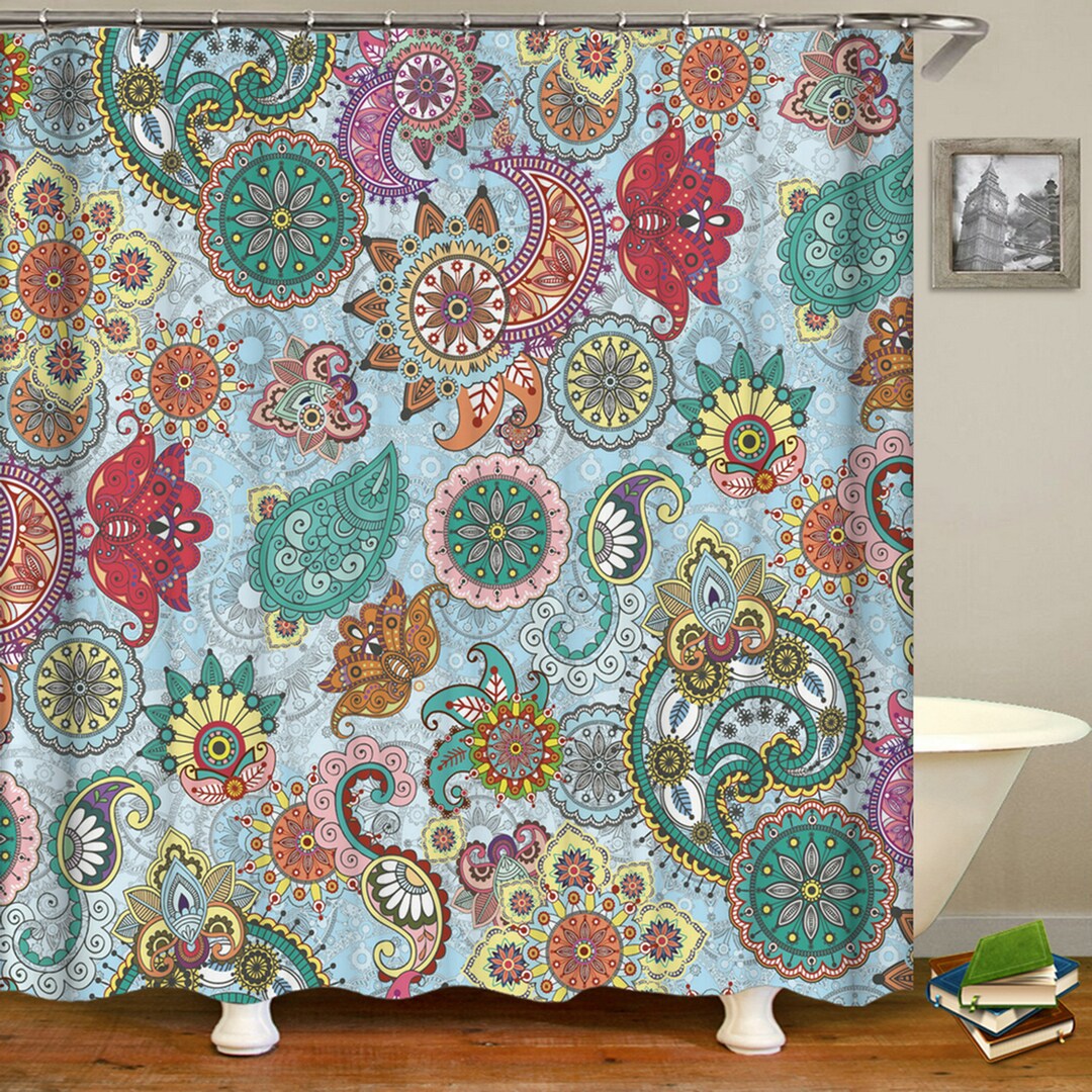 Colorful Floral Shower Curtain, Bohemian Boho Flowers Blue Swirl Design Home Bath Decor