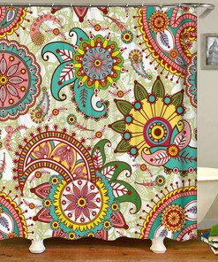 Colorful Floral Shower Curtain, Bohemian Boho Flowers Swirl Design Home Bath Decor