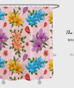 Colorful Flowers Shower Curtain, Bright Floral Bathroom Decor, Minimalist Waterproof Washable Bath Curtain