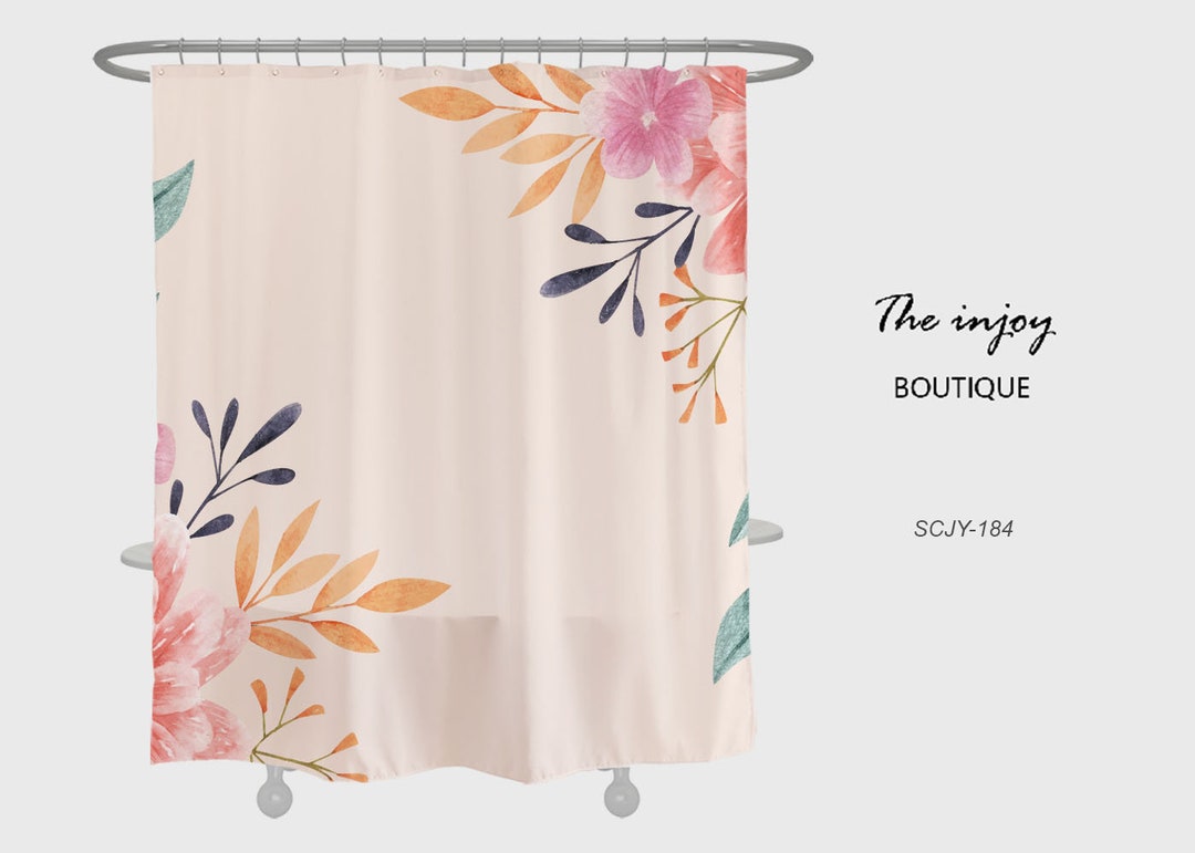 Colorful Flowers Shower Curtain, Spring Pink Plant Bathroom Decor, Waterproof Washable Bath Curtain