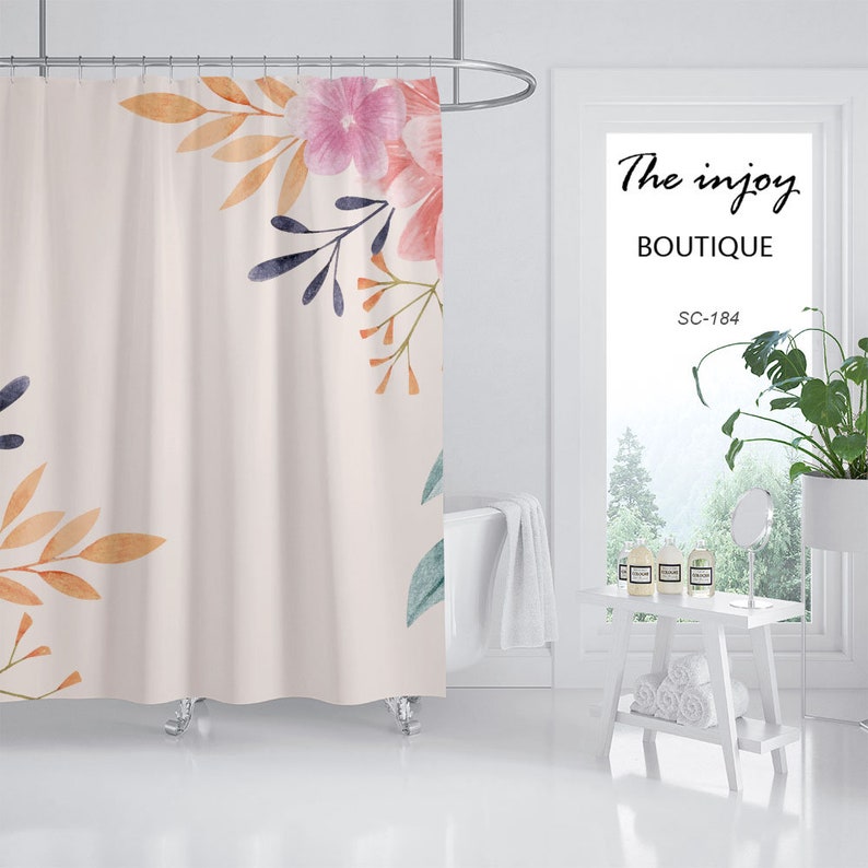 Colorful Flowers Shower Curtain, Spring Pink Plant Bathroom Decor, Waterproof Washable Bath Curtain - Image 2