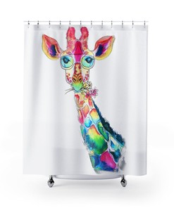 Colorful Giraffe Shower Curtain, Children'S Bathroom Decor, Giraffe Home Decor, Watercolor Giraffe Art, Happy Shower Curtain