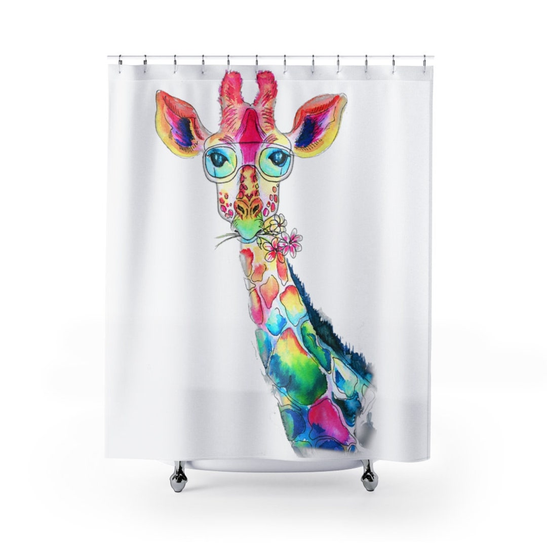 Colorful Giraffe Shower Curtain, Children'S Bathroom Decor, Giraffe Home Decor, Watercolor Giraffe Art, Happy Shower Curtain