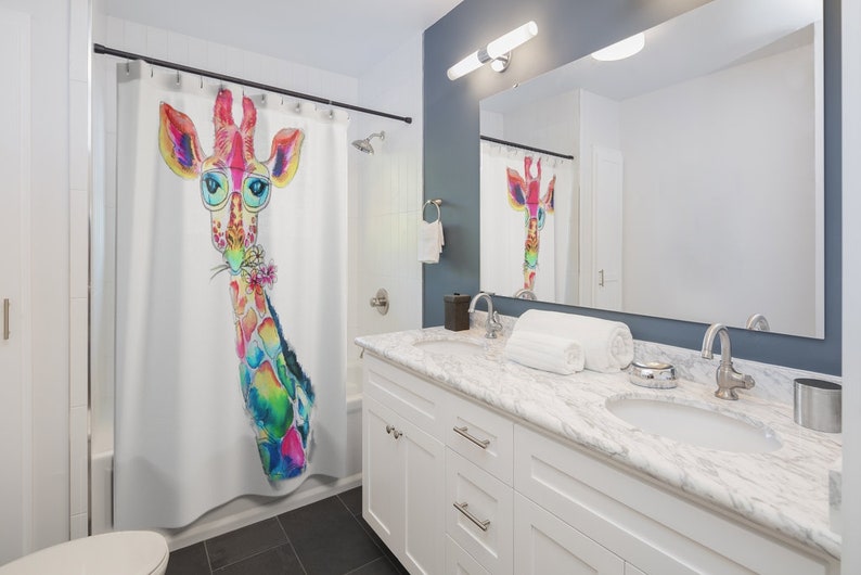 Colorful Giraffe Shower Curtain, Children'S Bathroom Decor, Giraffe Home Decor, Watercolor Giraffe Art, Happy Shower Curtain - Image 2