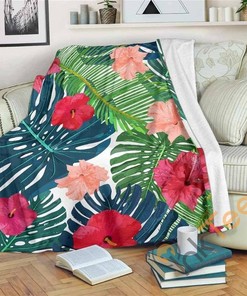 Colorful Hawaii Floral Pattern Sherpa Fleece Blanket Gifts for Family, for Couple