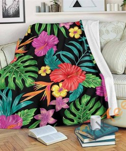 Colorful Hibiscus Flowers Pattern Sherpa Fleece Blanket Gifts for Family, for Couple