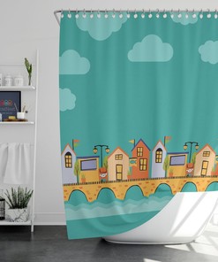 Colorful Houses By The River Shower Curtain, Blue Cute Home Village Stonebridge