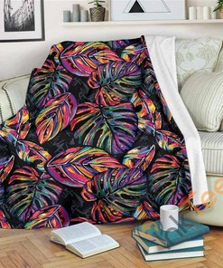 Colorful Leaf Tropical Pattern Sherpa Fleece Blanket Gifts for Family, for Couple