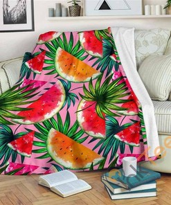 Colorful Leaf Watermelon Pattern Sherpa Fleece Blanket Gifts for Family, for Couple