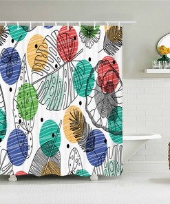 Colorful Leaves Palm Monstera Shower Curtain, Botanical Tropical Blue Green, Fabric Bath Curtain