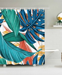 Colorful Palm Leaves Shower Curtain, Botanical Tropical Blue Green Forest, Fabric Bath Curtain