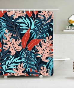 Colorful Palm Leaves Shower Curtain, Botanical Tropical Blue Red Forest, Fabric Bath Curtain