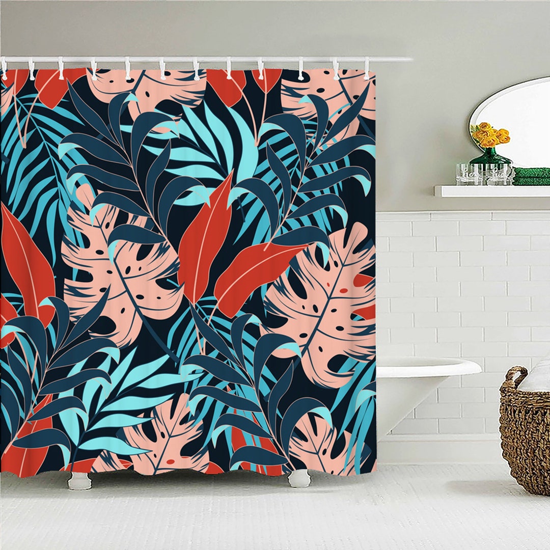 Colorful Palm Leaves Shower Curtain, Botanical Tropical Blue Red Forest, Fabric Bath Curtain