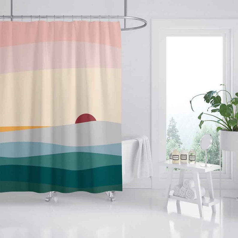 Colorful Sunrise Shower Curtain, Pink Waterproof Shower Curtain, Abstract Bathroom Set Water Repelling - Image 2