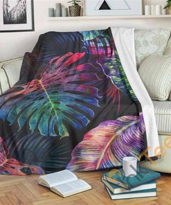 Colorful Tropical Leaves Pattern Sherpa Fleece Blanket Gifts for Family, for Couple