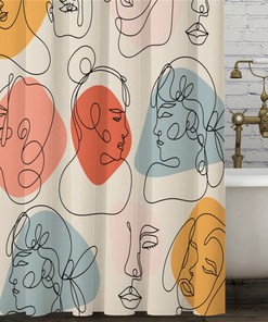 Colorful Woman Portrait Boho Shower Curtain, Women Face Line Drawing Silhouettes Bathroom Curtain, Home Bath Decor