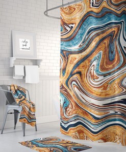 Copper and Blue Marble Shower Curtain, Blue Brown Bath Curtain, Modern Bathroom Decor