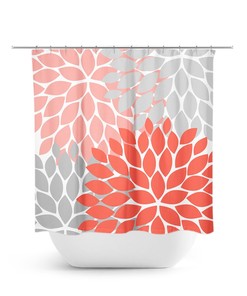 Coral And Gray Shower Curtain, Floral Bath Curtain, Orange Bathroom, Fabric Shower Curtain, Girls Bathroom Decor, Coral Bathroom