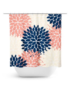 Coral And Navy Shower Curtain, Floral Shower Curtain, Flower Burst Bathtub Curtain, Coral Blue Bathroom Decor, Modern Bathroom