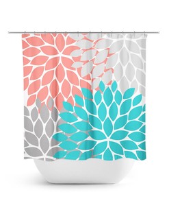 Coral Aqua Gray Shower Curtain, Floral Bath Curtain, Floral Bathroom Decor, Guest Bathroom, Coral Bathroom, Aqua Bathtub Curtain