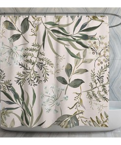Cottage Shower Curtains, Ferns And Leaves On Beige Shower Curtain, Sage Green And Light Brown Shower Curtains, Farmhouse Shower Curtain