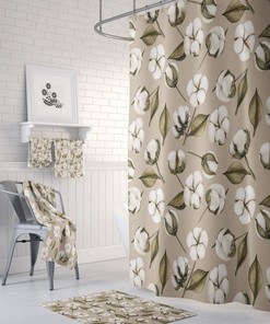 Cotton Boll Farmhouse Shower Curtain, Optional Towels And Bath Mat