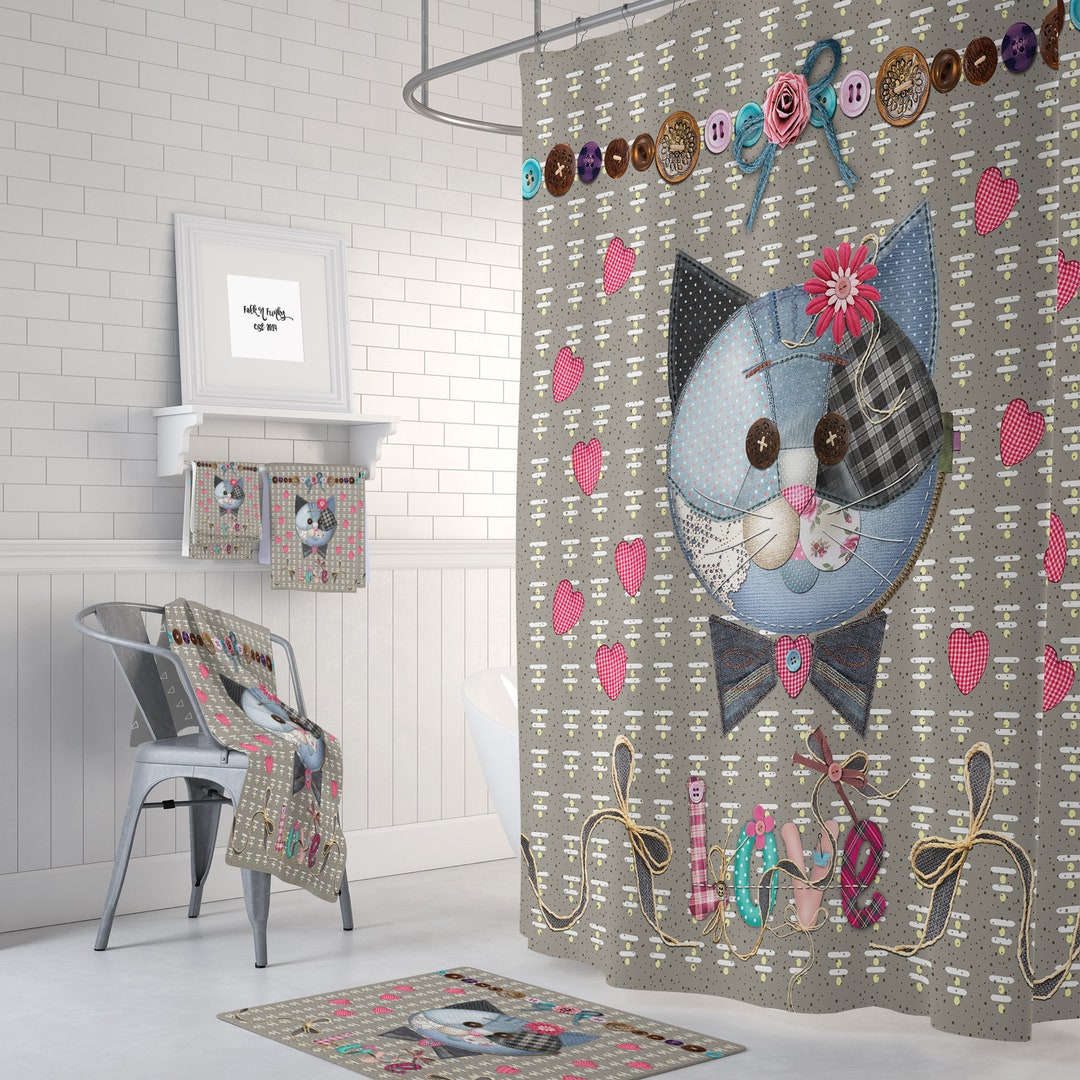 Country Cat Farmhouse Shower Curtain Patches and Love