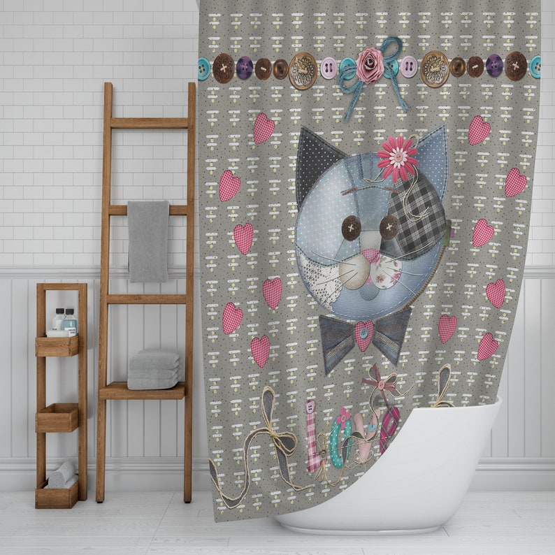Country Cat Farmhouse Shower Curtain Patches and Love - Image 2