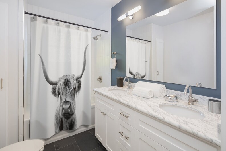 Cow Shower Curtain For Animal Lover, Cattle Curtain, Photographic Curtain, Black White Shower Curtain, Nature, Farm Barn Curtain - Image 2