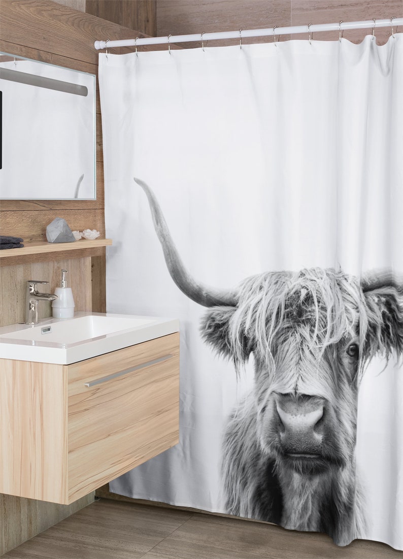 Cow Shower Curtain For Animal Lover, Cattle Curtain, Photographic Curtain, Black White Shower Curtain, Nature, Farm Barn Curtain - Image 4
