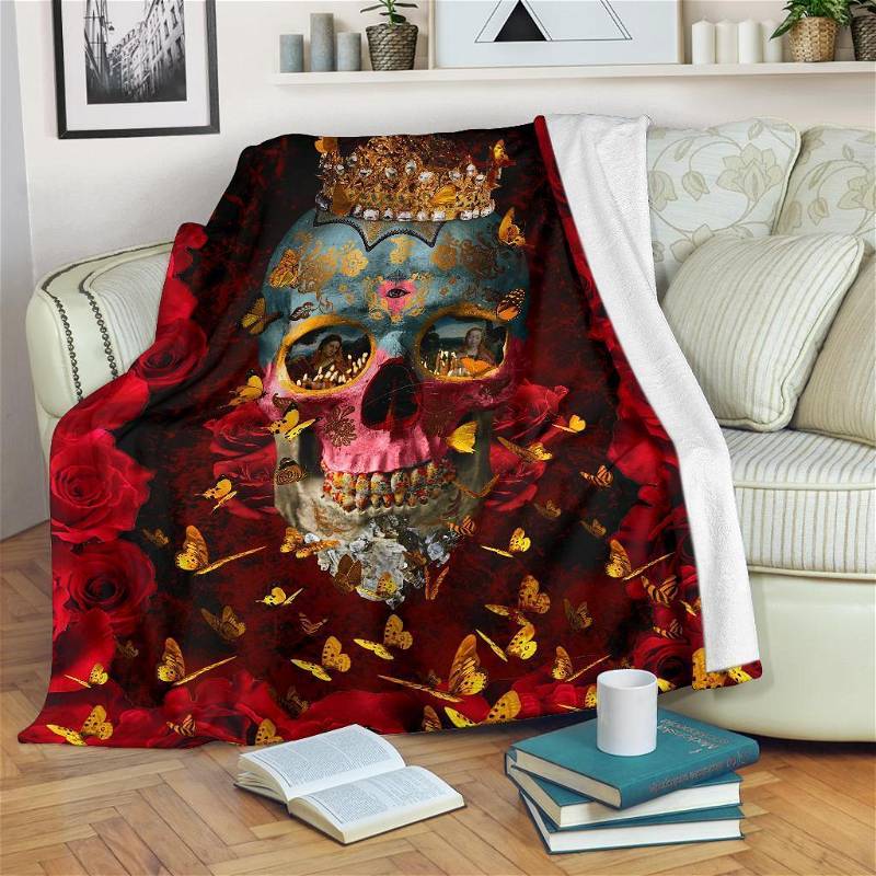 Crown Skull Sherpa Fleece Blanket Gifts for Family, for Couple