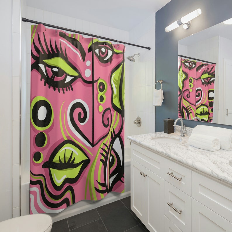 Cubism Abstract Art Shower Curtain, Unique Bathroom Decor Design, Housewarming Gift, Art Design, Unique Eclectic Design - Image 2