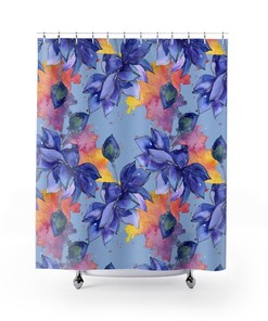 Curtain For Bathroom, Fabric Bath Curtain, Boho Floral Blue Lotus Flowers Shower Curtain, Long Bohemian Eclectic Curtain