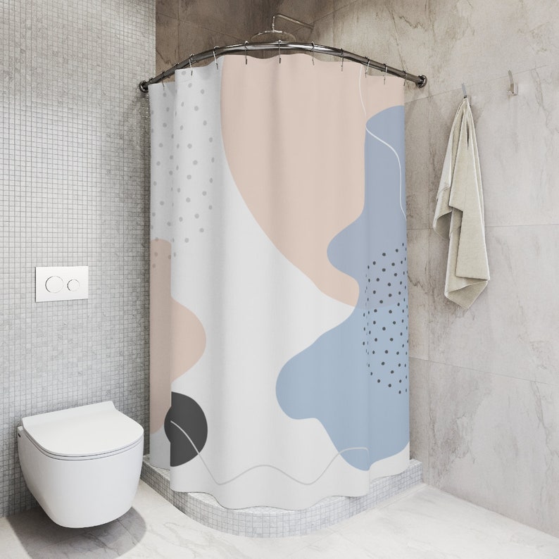 Custom Boho Abstract Circles Shower Curtain - Pal Blue Orange Lake Designer For Minimalist Bathroom Decor - Image 2